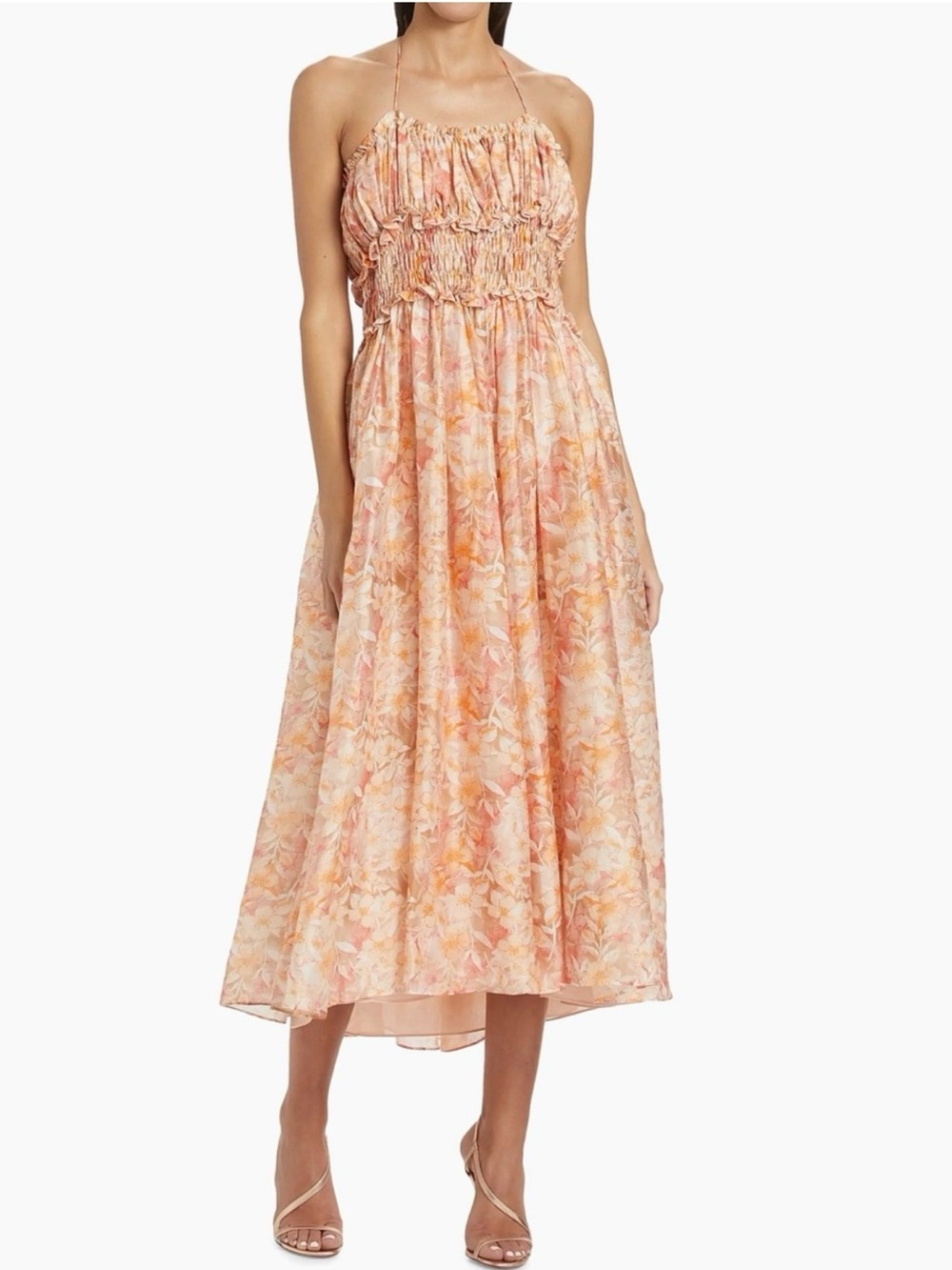 En Saison
NWT Floral Print Smocked Halter Midi Dress in Peach